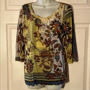 ANAC Designed By Kimi Art to Wear Floral ¾ Sleeve XL Top Blouse Yellow Mesh